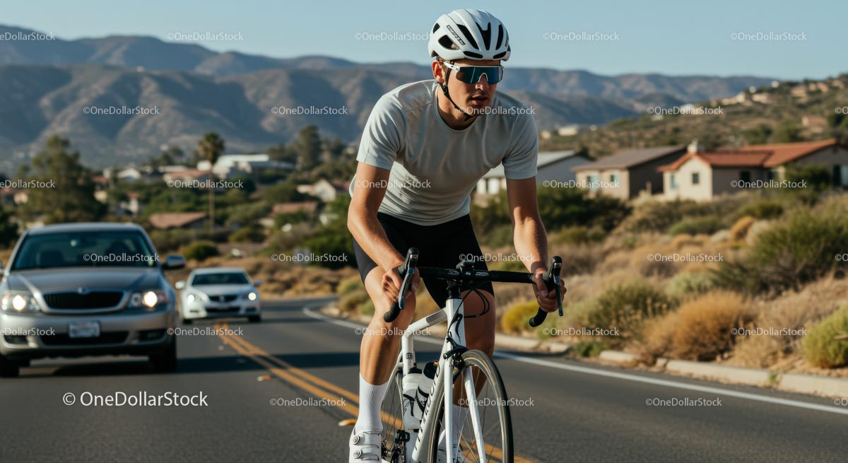 Cyclist Riding Through Sunny Mountain Landscape