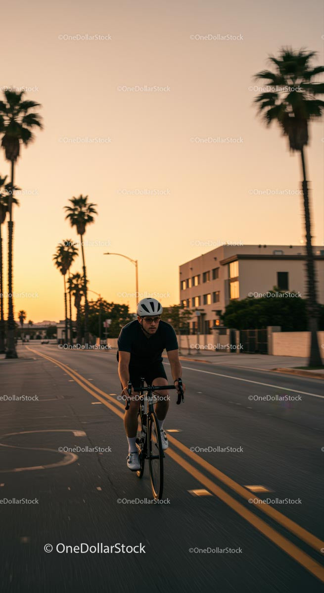 Cyclist Riding Down a Palm-Lined Street at Sunset