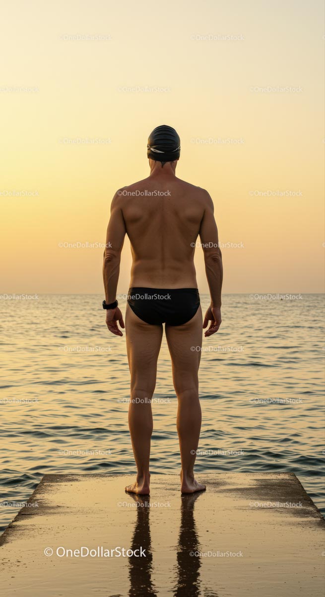Swimmer Facing Sunset on Ocean Pier