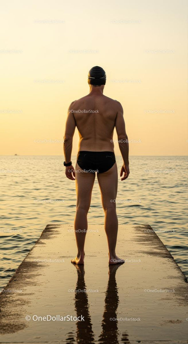 Swimmer Contemplating the Ocean at Sunset