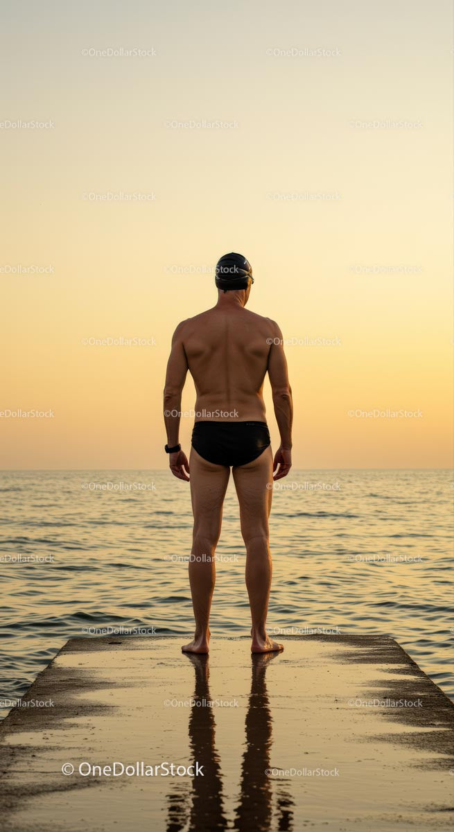 Swimmer on Pier Gazing at Sunset Over the Ocean