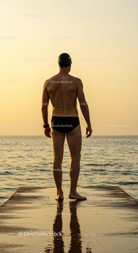 Swimmer Standing on Diving Board at Sunset