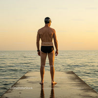 Swimmer Standing on Pier at Sunset Overlooking Ocean