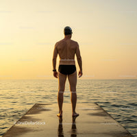 Swimmer Standing on Pier at Sunset Over Calm Ocean