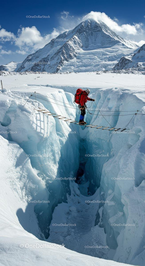 Mountaineer Crossing Icy Crevasse on Rope Bridge