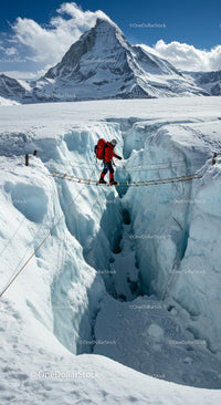 Mountaineer Crossing Rope Bridge in Icy Crevasse Near Matterhorn