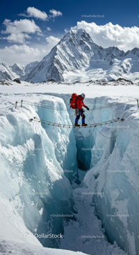 Mountaineer Crossing Crevasse on Snowy Mountain Rope Bridge