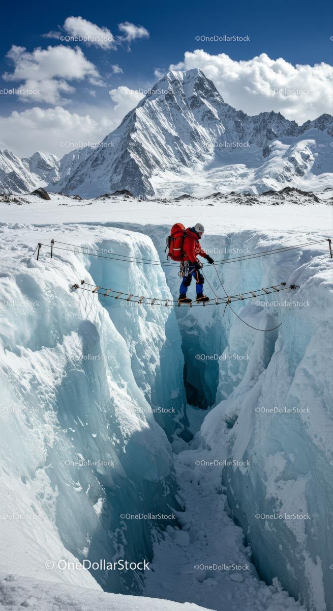 Mountaineer Crossing Crevasse on Snowy Mountain Rope Bridge