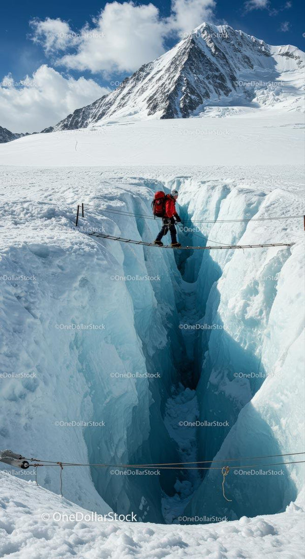 Climber Crossing Crevasse on Snowy Mountain Bridge
