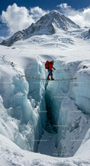 Mountaineer Crossing Glacial Crevasse on Snowy Mountain