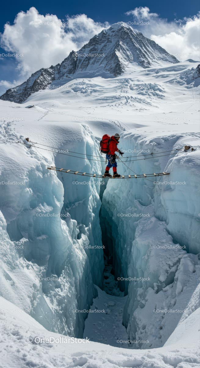 Mountaineer Crossing Glacial Crevasse on Snowy Mountain