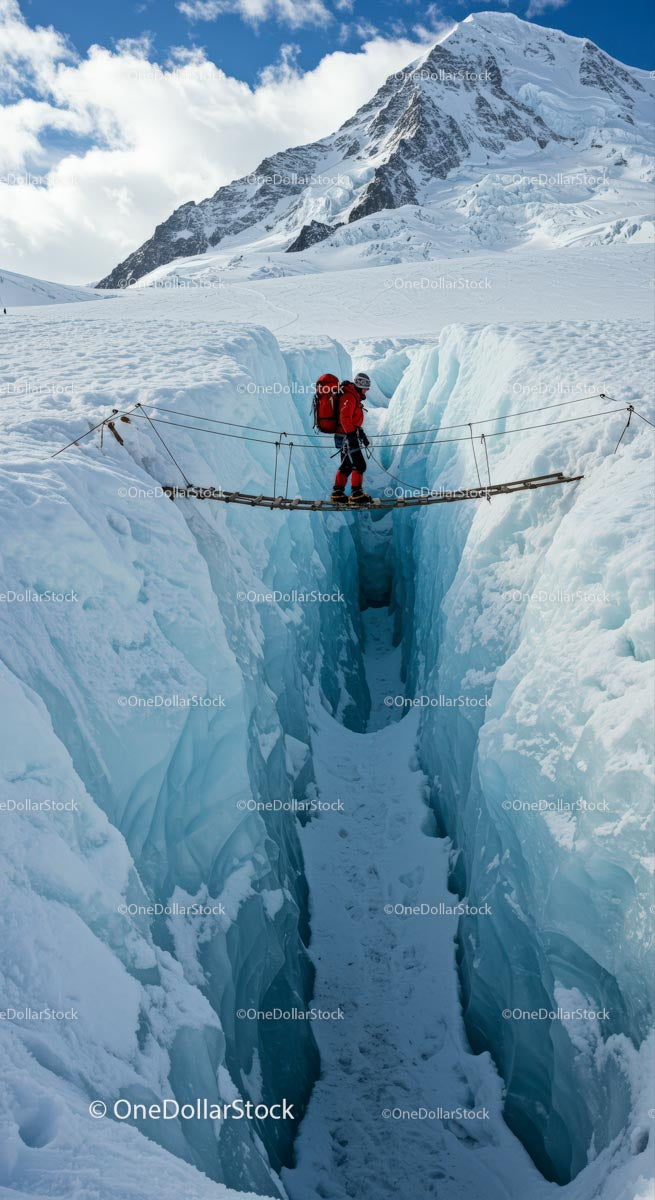 Adventurer Crossing Ice Bridge Over Crevasse in Snowy Mountains