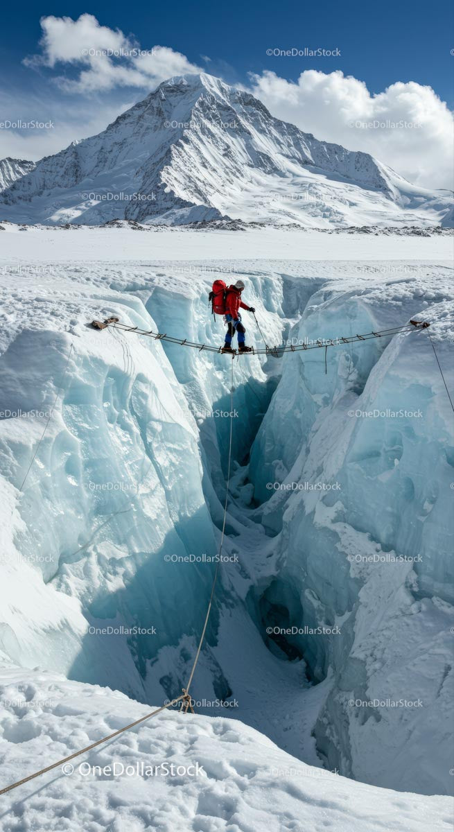 Brave Hiker Crossing Icy Crevasse on Mountain Expedition