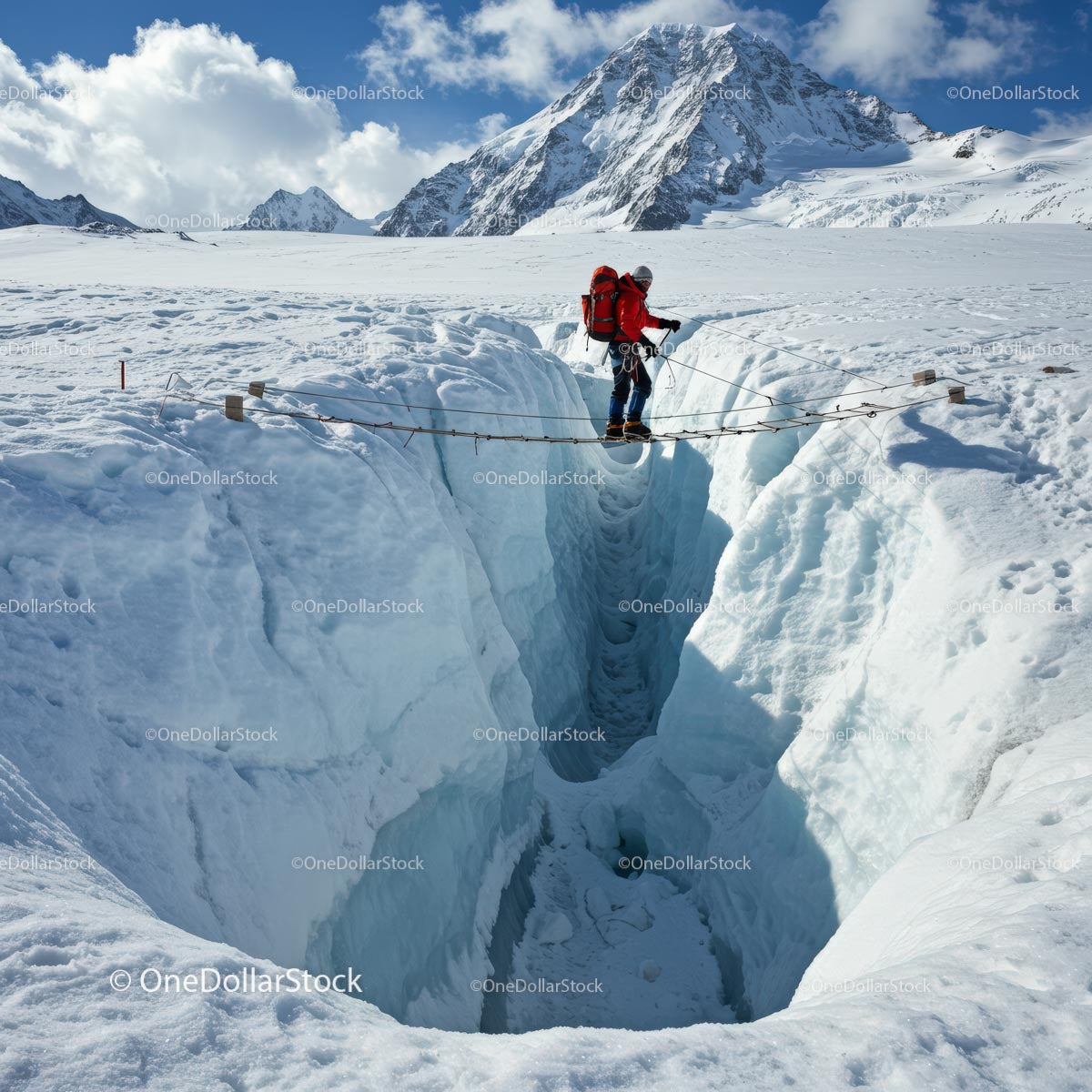Mountaineer Crossing Glacier Crevasse on Rope Bridge