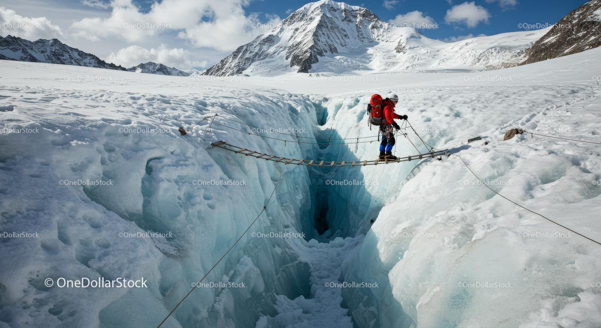 Alpine Adventurer Crossing Glacier Crevasse on Ice Bridge