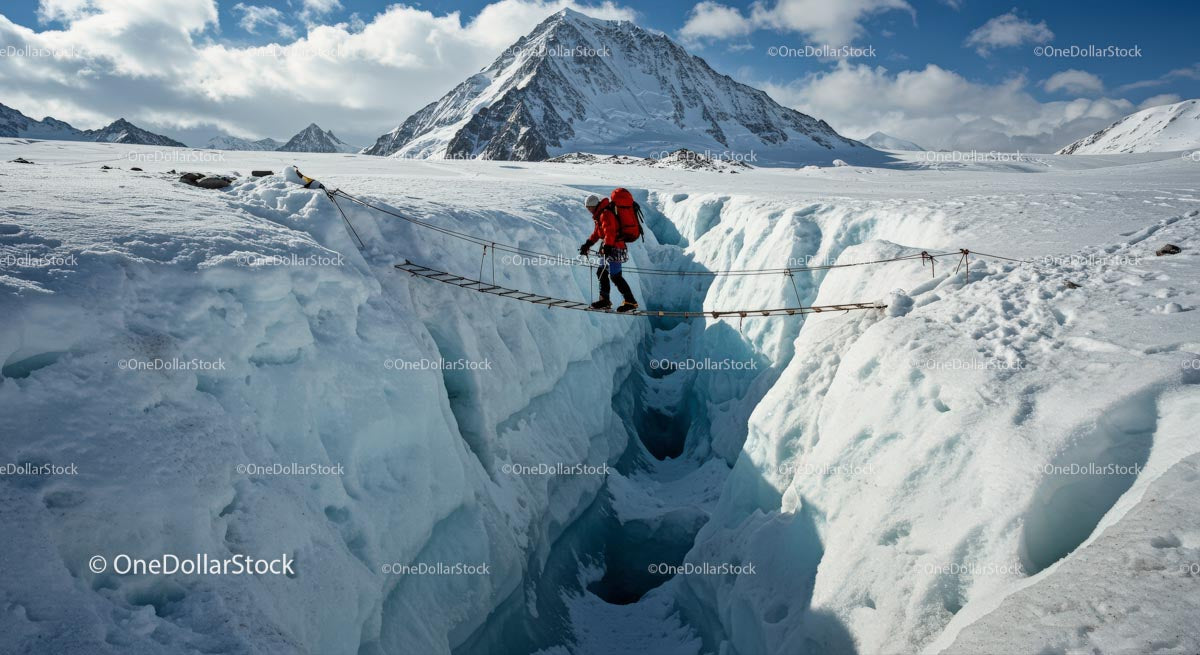 Mountaineer Crossing Ice Crevasse on Ladder Bridge
