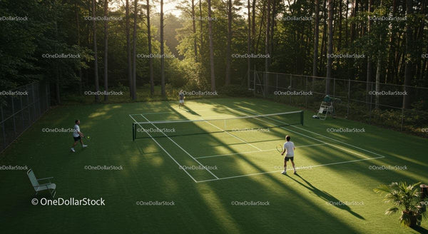 Tennis Match on Sunlit Outdoor Court Amid Tall Forest Trees