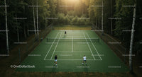 Tennis Players Competing on Forest-Set Outdoor Court