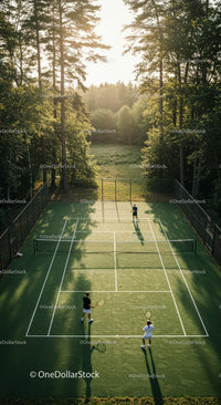 Tennis Match Amidst Lush Greenery and Forest Backdrop