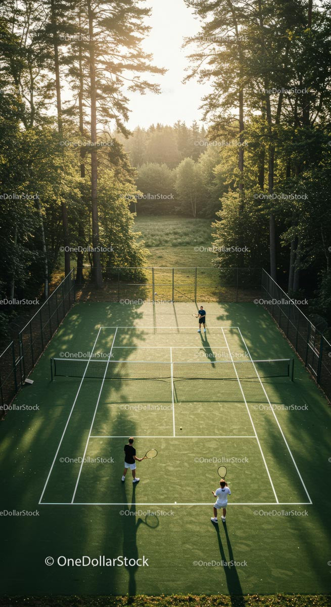 Tennis Match Amidst Lush Greenery and Forest Backdrop