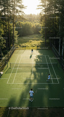 Tennis Match on an Outdoor Court Surrounded by Forest