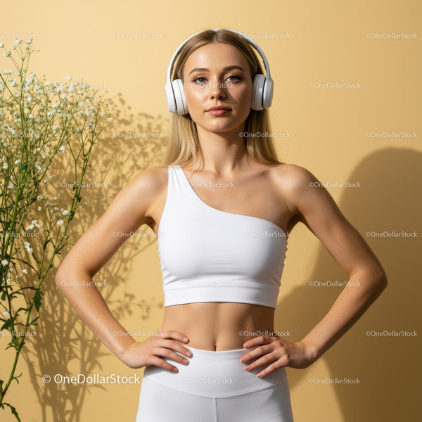 Confident Fitness Woman in White Sportswear and Headphones