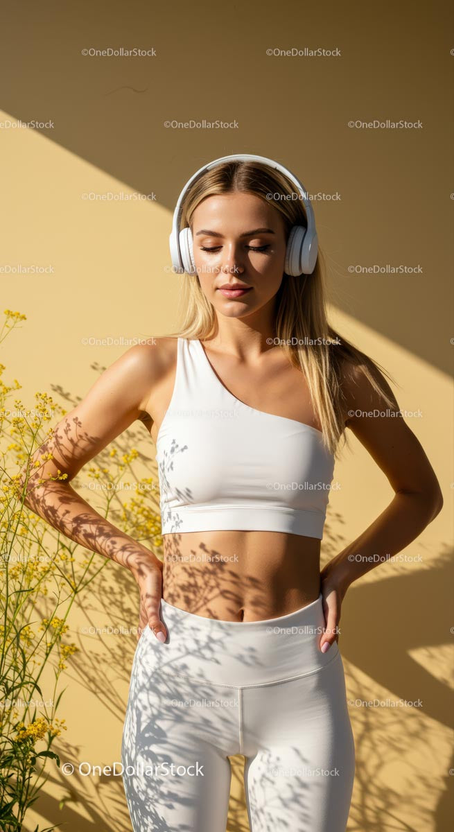 Wysportowana kobieta słuchająca muzyki w sportowym stroju oświetlonym słońcem