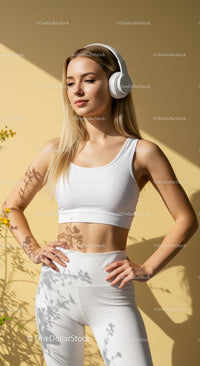 Woman in White Activewear Relaxing with Headphones
