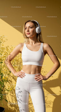 Confident Woman Enjoys Music in Fitness Attire
