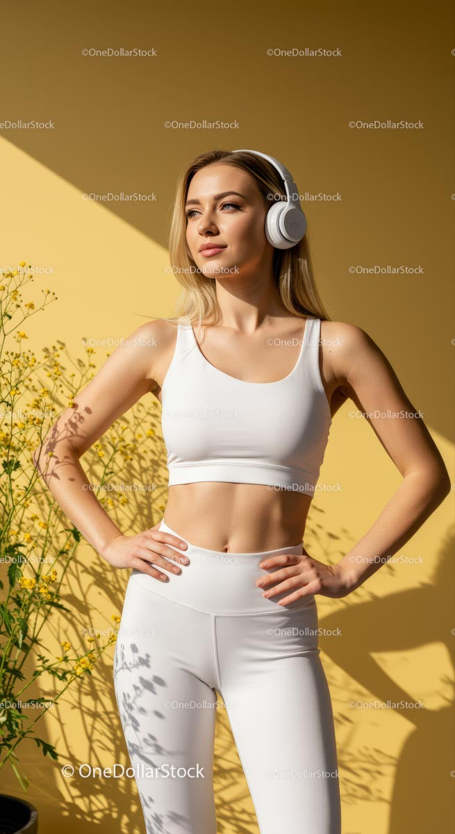 Confident Woman Enjoys Music in Fitness Attire