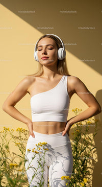 Blonde Woman in White Workout Outfit with Headphones
