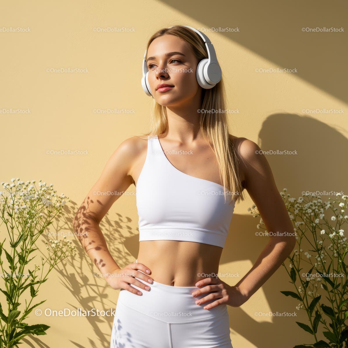 Confident Woman in White Activewear with Headphones