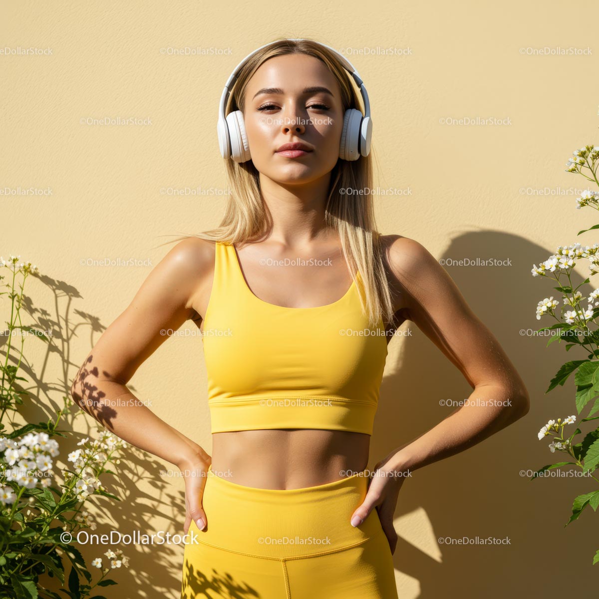 Blonde Woman in Yellow Fitness Outfit Enjoys Outdoor Workout