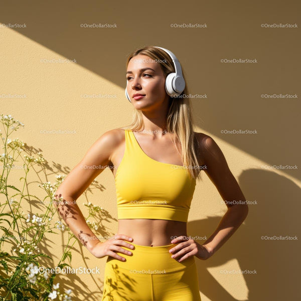 Blondynka w Żółtym Stroju Sportowym Ciesząca się Muzyką w Słońcu