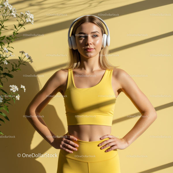 Sporty Woman in Yellow Workout Gear with Headphones