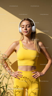 Woman in Yellow with Headphones Relaxing in Sunlight