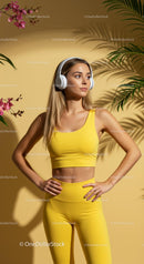 Woman in Yellow Sportswear with Headphones and Tropical Setting