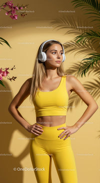 Woman in Yellow Sportswear with Headphones and Tropical Setting