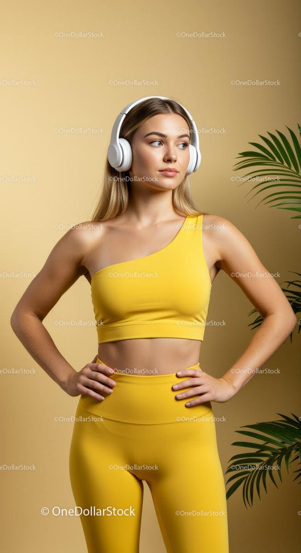 Młoda Kobieta w Żółtym Stroju Fitness z Słuchawkami