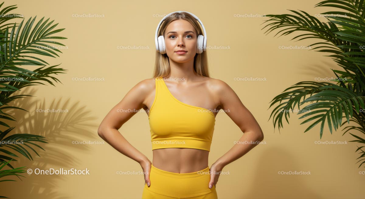Confident Woman in Yellow Fitness Wear with Headphones