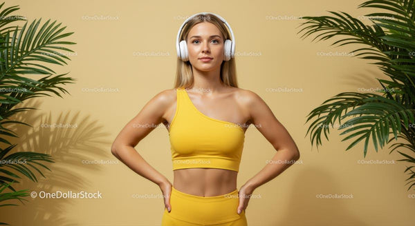 Pewna siebie kobieta w żółtym stroju fitness z słuchawkami