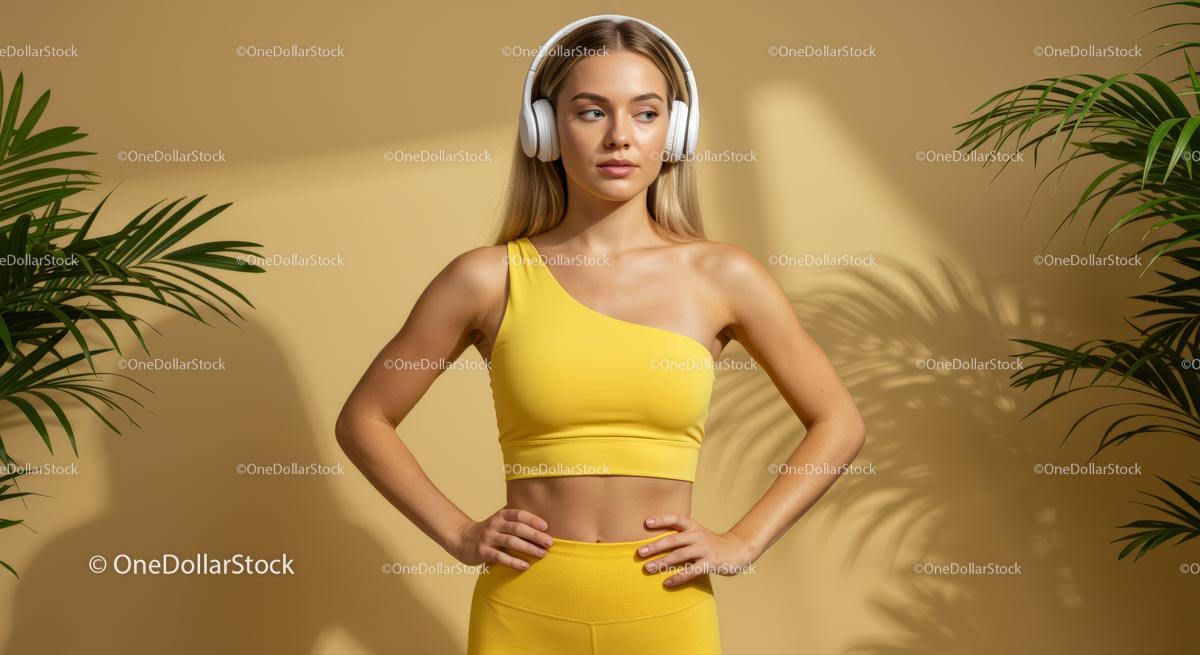 Confident Woman in Yellow Workout Attire with Headphones