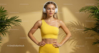 Confident Woman in Yellow Workout Attire with Headphones