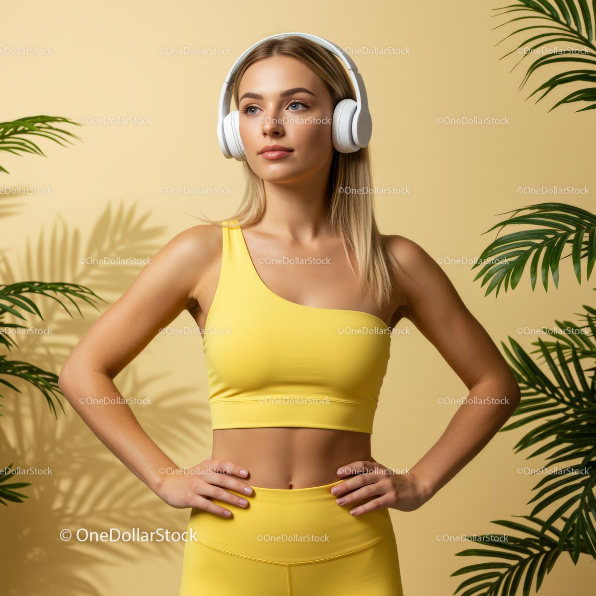 Kobieta fitness w żółtym stroju sportowym i białych słuchawkach z roślinami