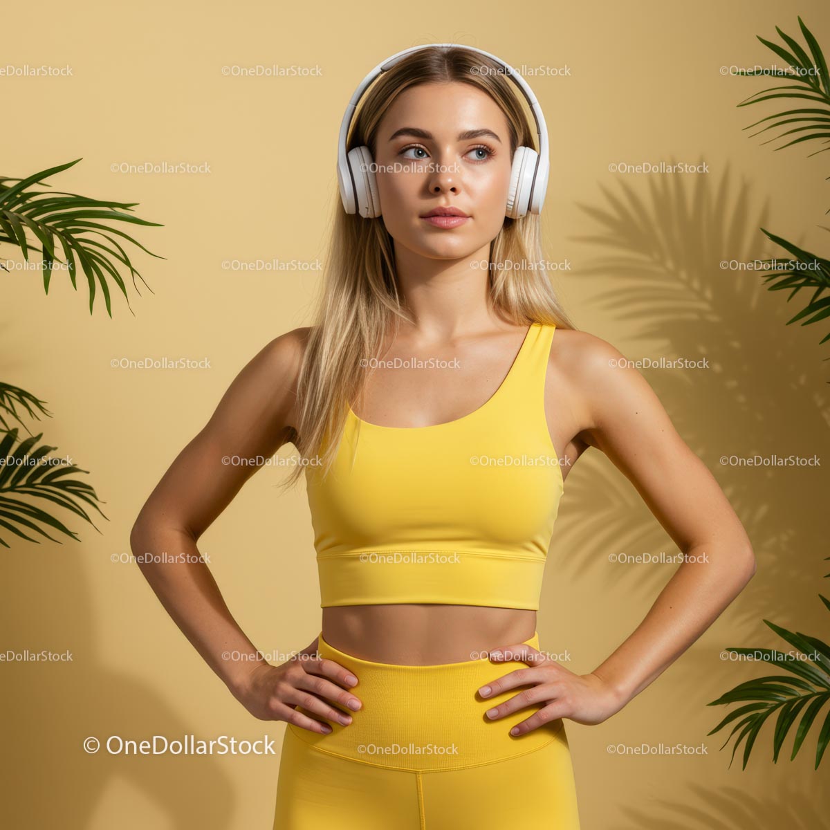 Blondynka w żółtym stroju sportowym słuchająca muzyki