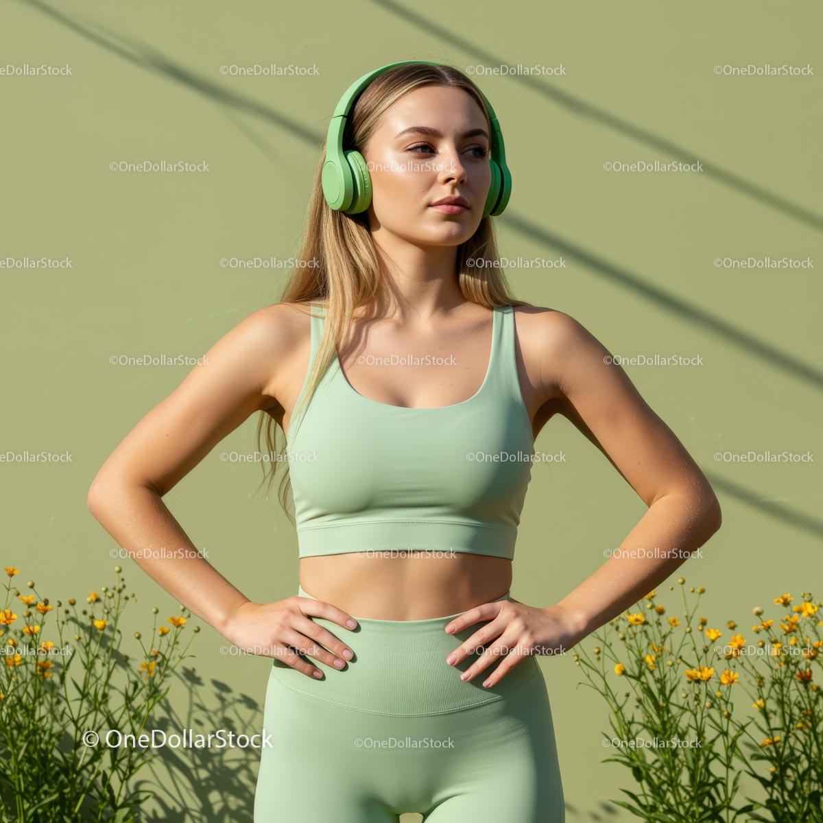 Active Woman in Green Athletic Wear with Headphones