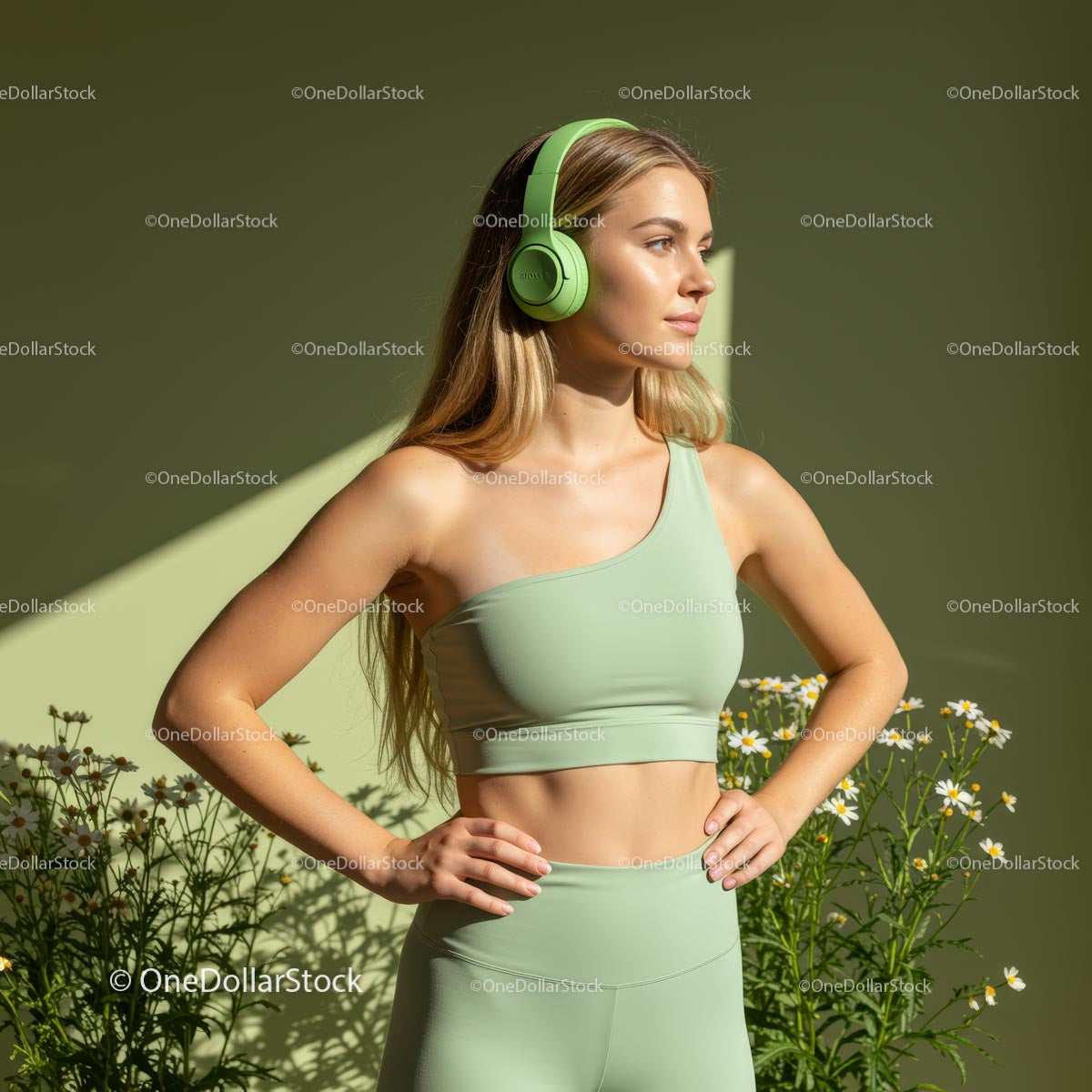 Kobieta w zielonej odzieży sportowej ze słuchawkami marki Daisies