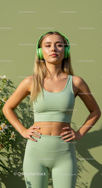 Fitness Woman in Green Athleisure with Headphones