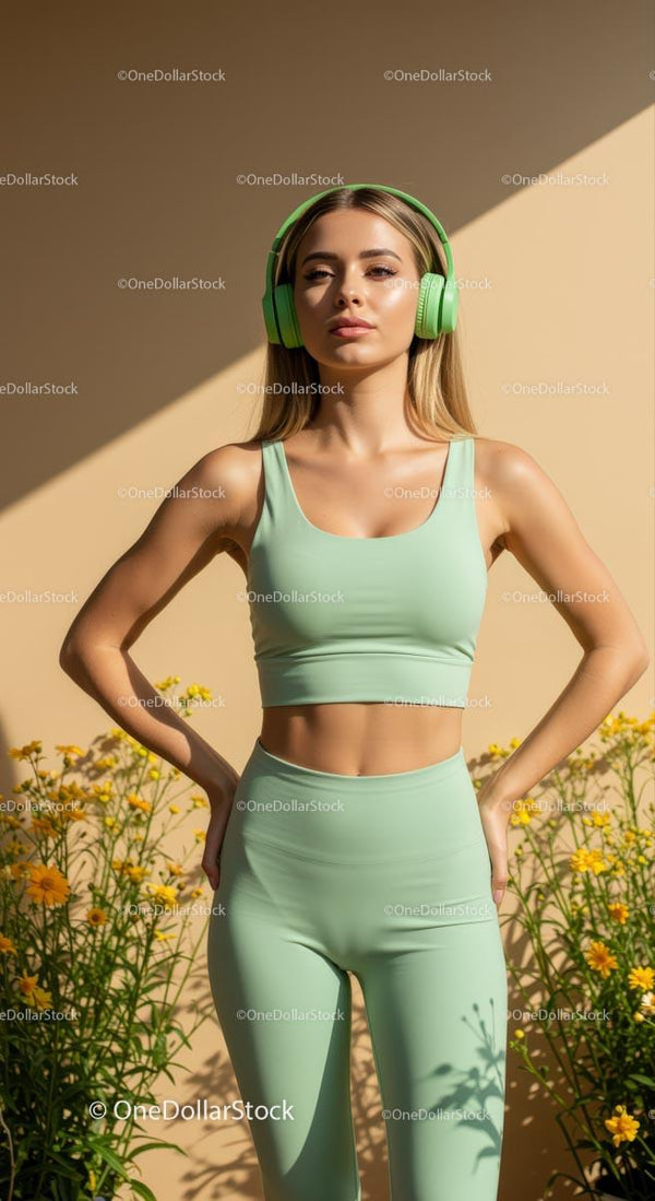 Woman in Mint Activewear with Headphones in Sunny Garden