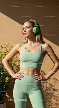 Blonde Woman in White Workout Outfit with Headphones